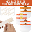 Children's face shields with foam padding and cartoon designs on a white background.