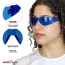 A women wearing blue color safety glasses with hinge and nose pad features