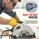 Person using a circular saw with built-in side shields for eye protection, set against a blurred workshop background.