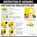 Instructional diagram for assembling a hard visor face shield with pin lock