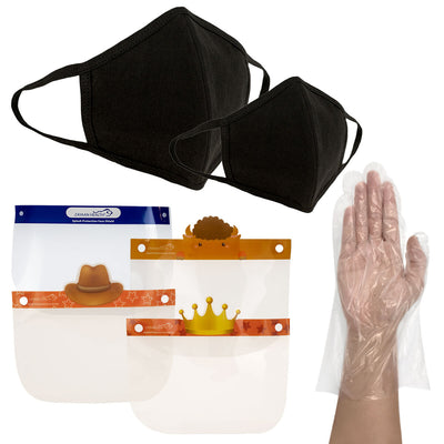 Travel Kit for Family- Set of 6 Disposable Face Mask for Adults and Kids, Disposable-10 Adult Face Shield, 6-Kids Face Shield & 50 Long Cuff Poly Gloves