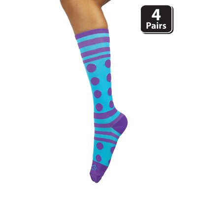 Dots & Stripe Compression Socks, Anti-Fatigue, Fits Adult and Youth (4 pairs)