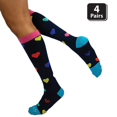 Patterned Heart Compression Socks, Anti-Fatigue, Comfortable, Fits Adult and Youth ( 4 Pairs)