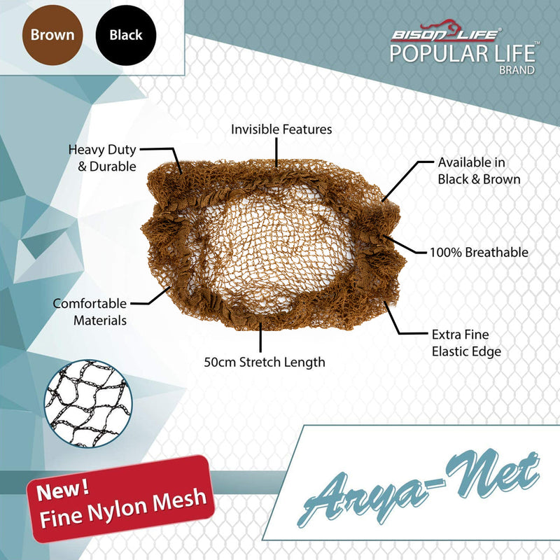 Bison Life Arya Net Elastic Edge Hair Nets – Black Invisible Nylon Mesh for Adults & Youth