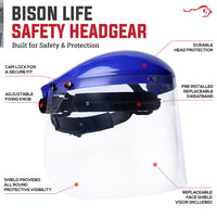 Bison Life Clear Polycarbonate Face Shield Blue Ratchet Suspension Safety Headgear, ANSI Z87.1