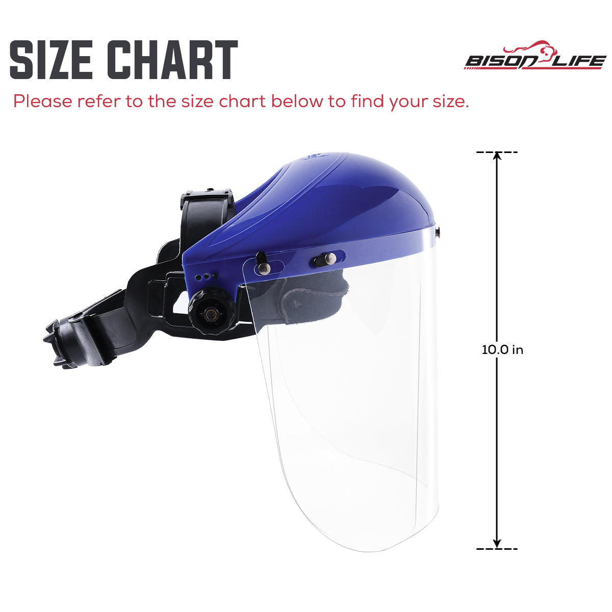 Bison Life Clear Polycarbonate Face Shield Blue Ratchet Suspension Safety Headgear, ANSI Z87.1 — size guide 2