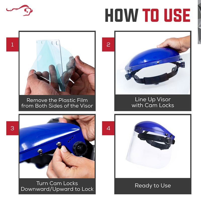 Bison Life Clear Polycarbonate Face Shield Blue Ratchet Suspension Safety Headgear, ANSI Z87.1