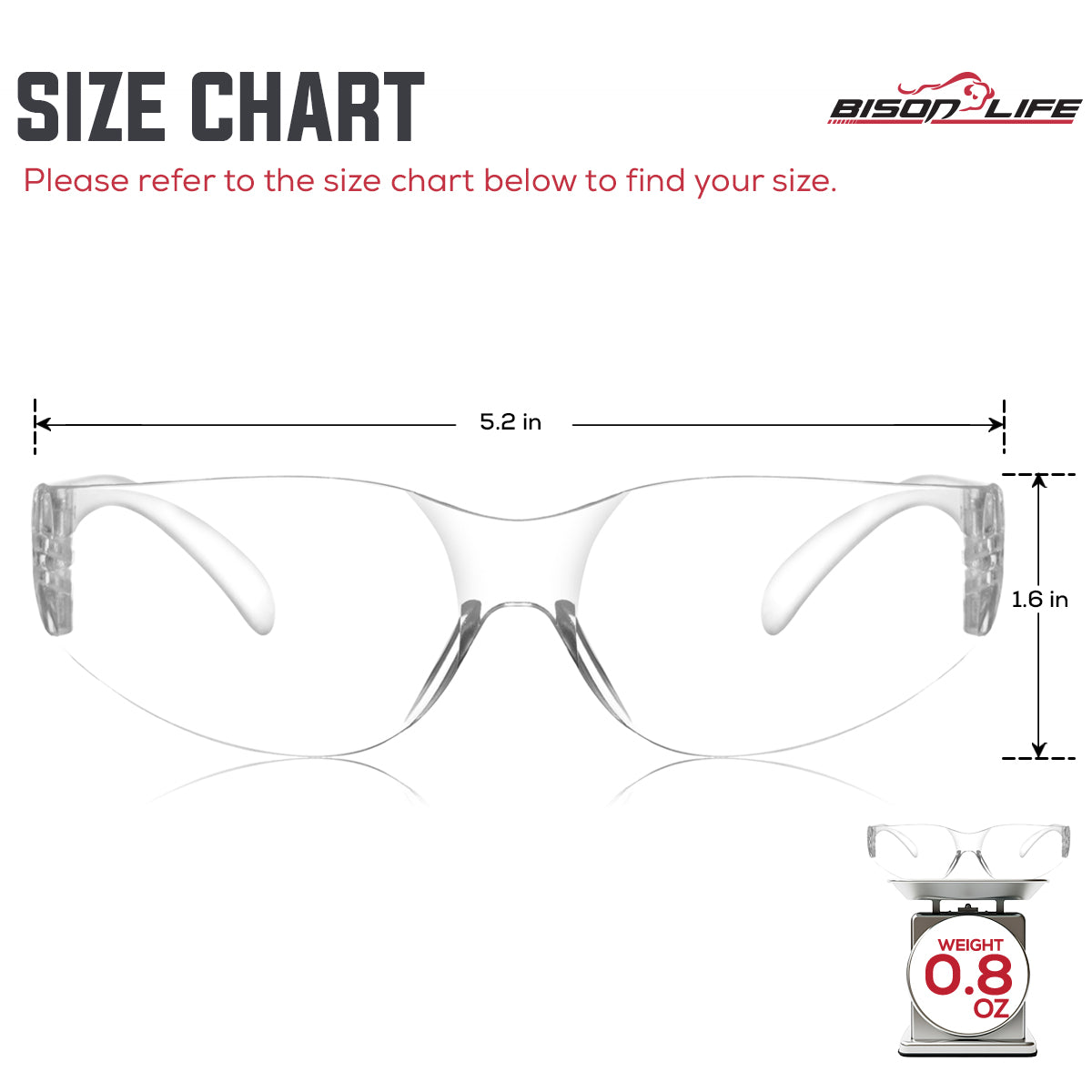 Bison Life Keystone wraparound Color Lens Safety Glasses, Impact resistant, ANSI Z87.1 — size guide 1
