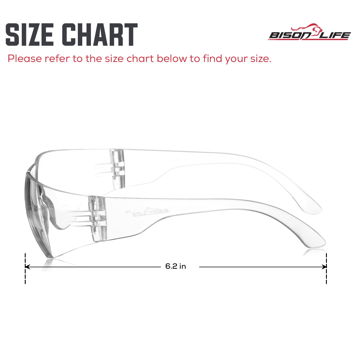 Bison Life Keystone wraparound Color Lens Safety Glasses, Impact resistant, ANSI Z87.1 — size guide 2