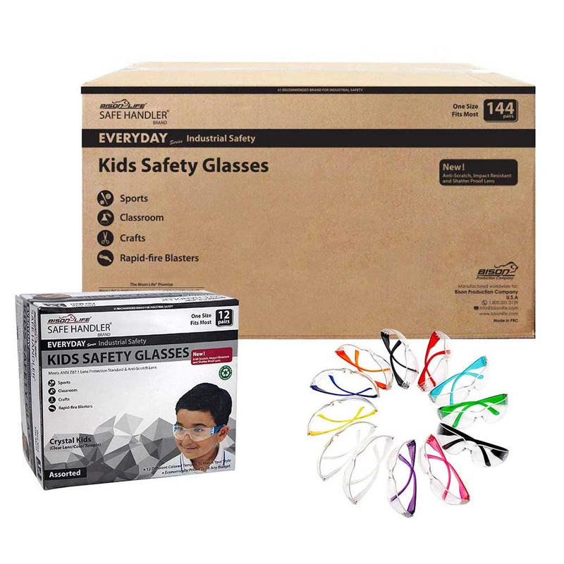Kids Protective Safety Glasses | Z87.1 Impact Resistant Clear Lens, Color Temple, Child Size Color Variety (Pack of 24)