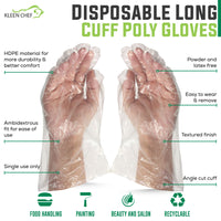 Disposable Food Handling Long Cuff Poly Gloves for Food Safety, Kitchen Prep & Cooking