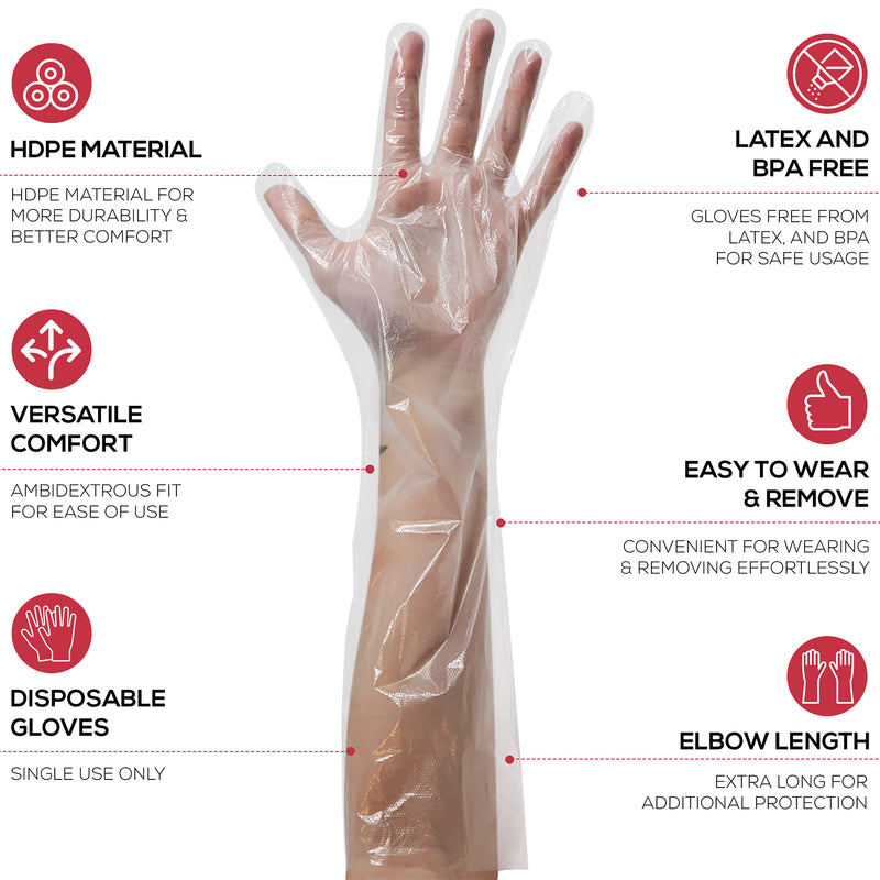 Disposable Food Handling Elbow Length Poly Gloves, 23" inch, OSFM