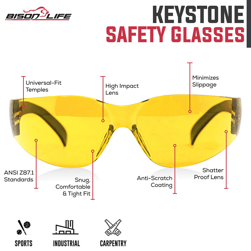 Bison Life Keystone Wraparound Color Lens Black Temple Safety Glasses, ANSI Z87.1