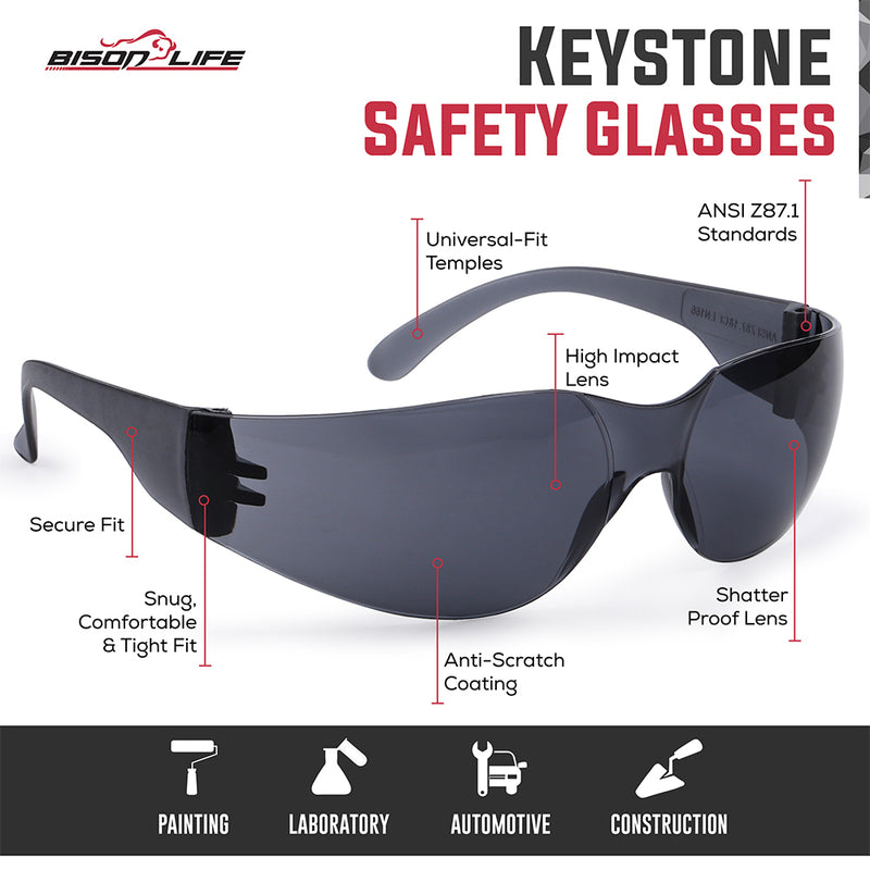 Bison Life Keystone wraparound Color Lens Safety Glasses, Impact resistant, ANSI Z87.1