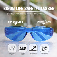Bison Life Keystone wraparound Color Lens Safety Glasses, Impact resistant, ANSI Z87.1