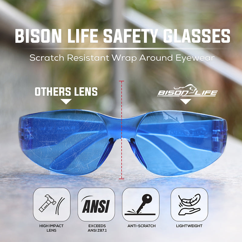 Bison Life Keystone wraparound Color Lens Safety Glasses, Impact resistant, ANSI Z87.1