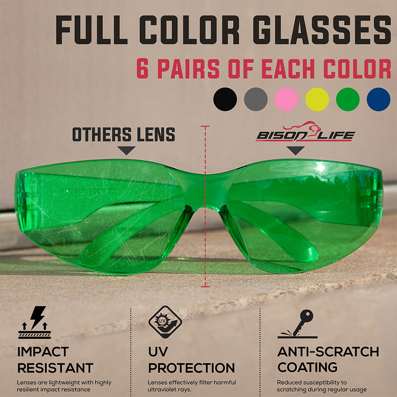 Bison Life Keystone wraparound Color Lens Safety Glasses, Impact resistant, ANSI Z87.1