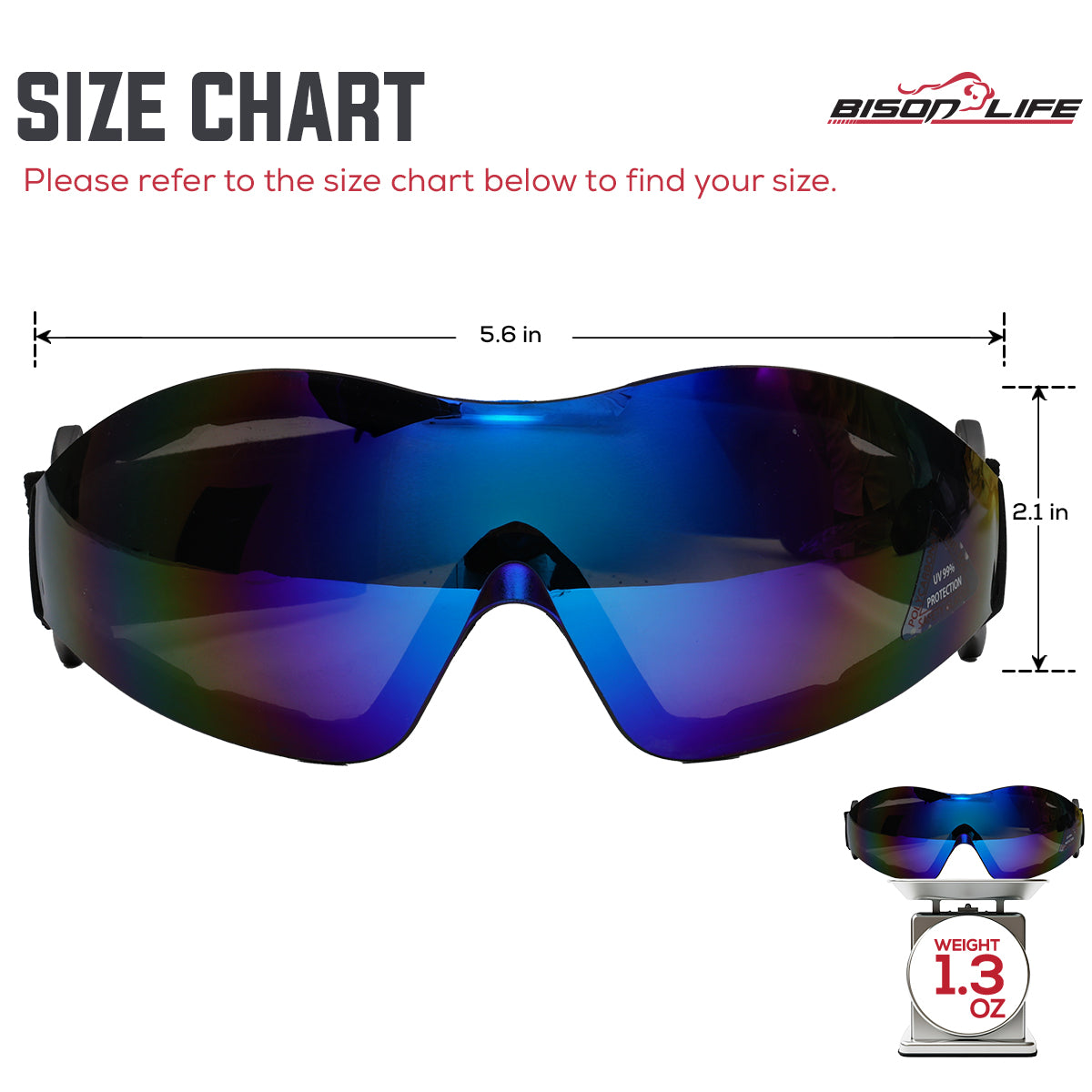 Bison Life Mirage Safety Goggles with Black Adjustable Headband & UV Protection ,ANSI Z87.1 — size guide 1