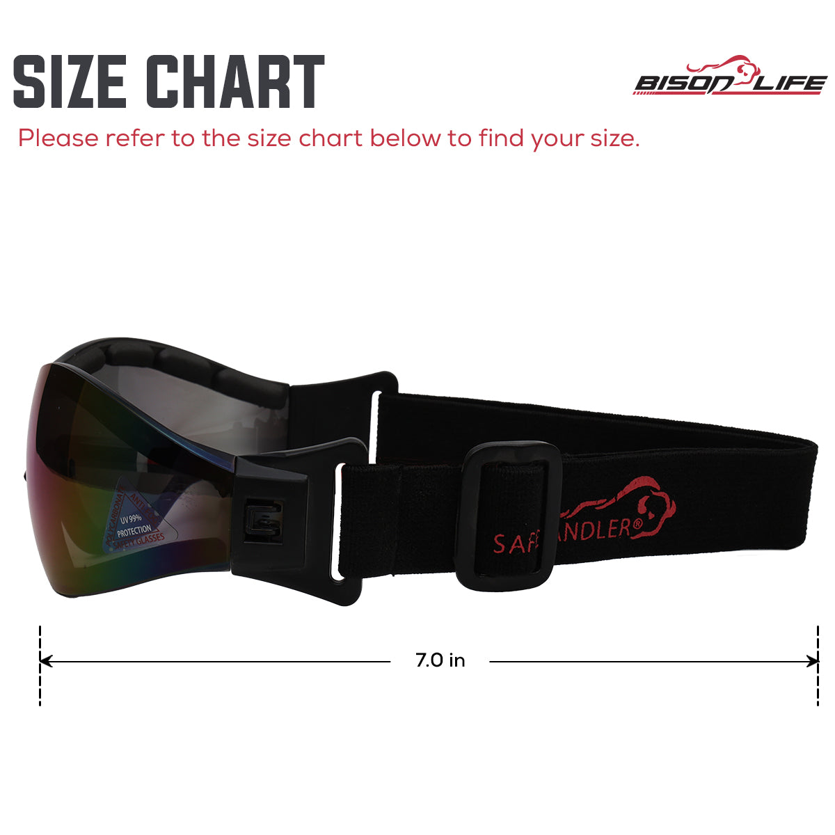 Bison Life Mirage Safety Goggles with Black Adjustable Headband & UV Protection ,ANSI Z87.1 — size guide 2