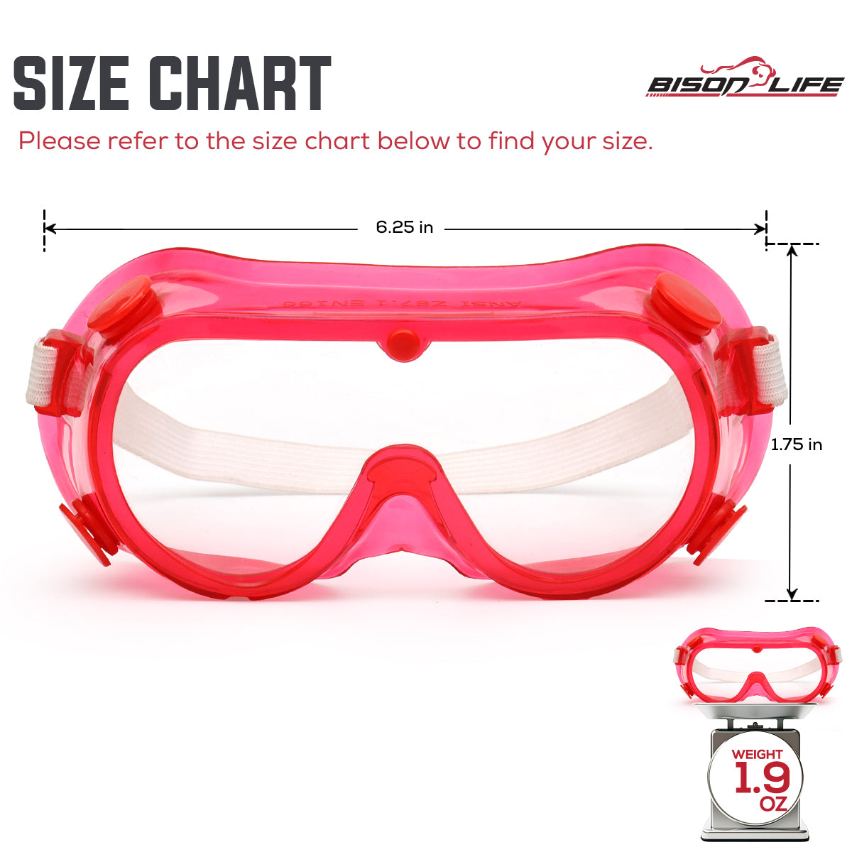 Bison Life Spectra Kids Vented Over-The-Glasses Safety Goggles with Adjustable Strap, ANSI Z87.1 — size guide 1