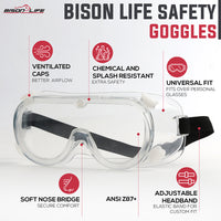 Bison Life SplashX Clear Vented Safety Goggles Over Eyeglasses, Anti Fog, ANSI Z87.1