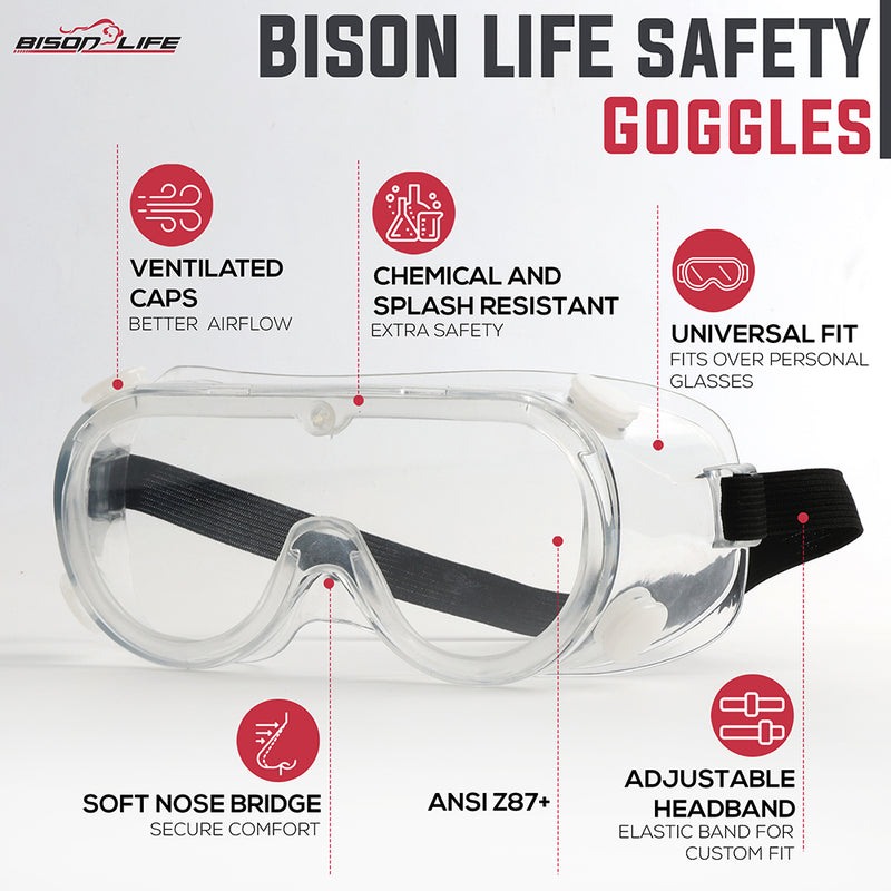 Bison Life SplashX Clear Vented Safety Goggles Over Eyeglasses, Anti Fog, ANSI Z87.1