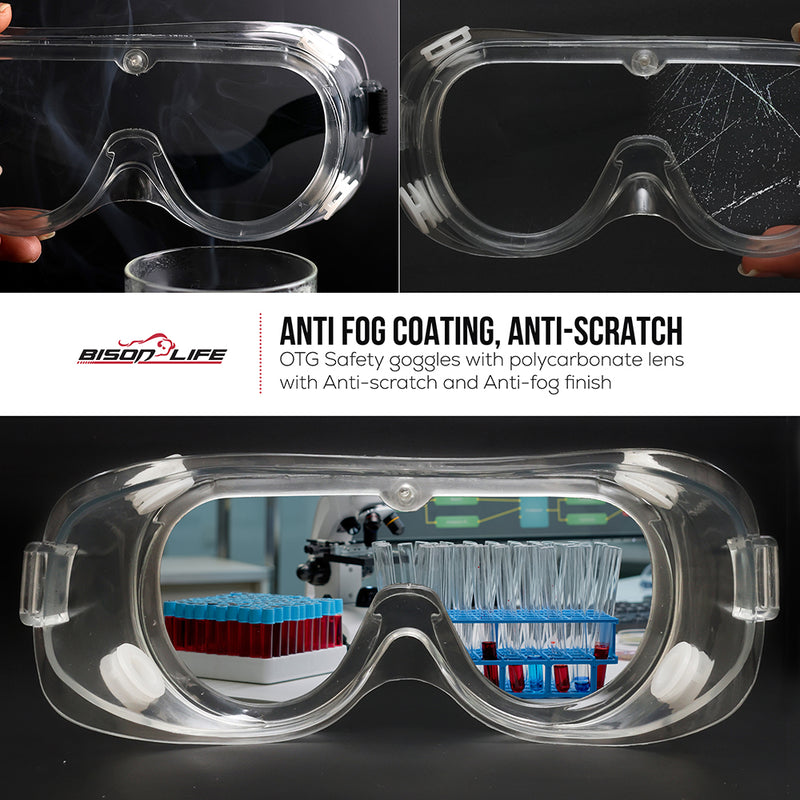Bison Life SplashX Clear Vented Safety Goggles Over Eyeglasses, Anti Fog, ANSI Z87.1