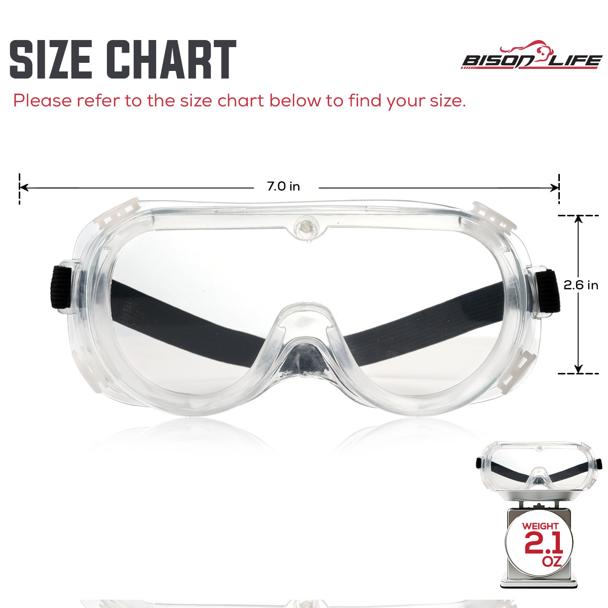 Bison Life SplashX Clear Vented Safety Goggles Over Eyeglasses, Anti Fog, ANSI Z87.1 — size guide 1