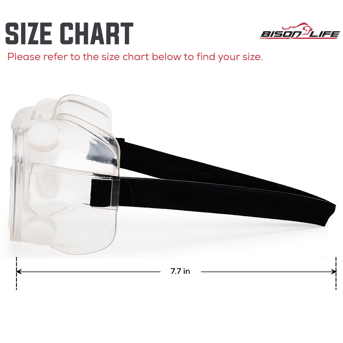 Bison Life SplashX Clear Vented Safety Goggles Over Eyeglasses, Anti Fog, ANSI Z87.1 — size guide 2