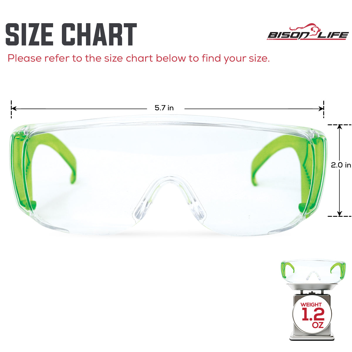 Bison Life Diamont Youth Clear Lens Vented Over-The-Glasses Protective Eyewear, ANSI Z87.1 — size guide 1