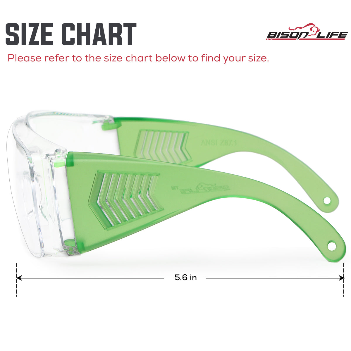 Bison Life Diamont Youth Clear Lens Vented Over-The-Glasses Protective Eyewear, ANSI Z87.1 — size guide 2