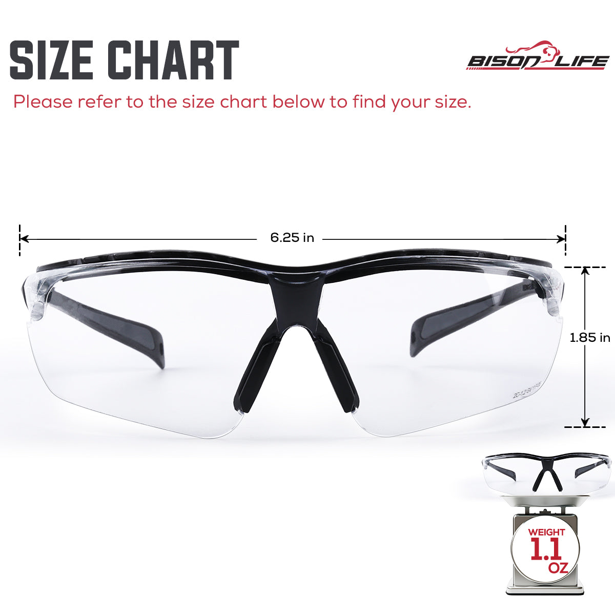 Bison Life Higuard Clear Lens Black Temple Anti-Fog Wraparound Safety Glasses, ANSI Z87.1 — size guide 1