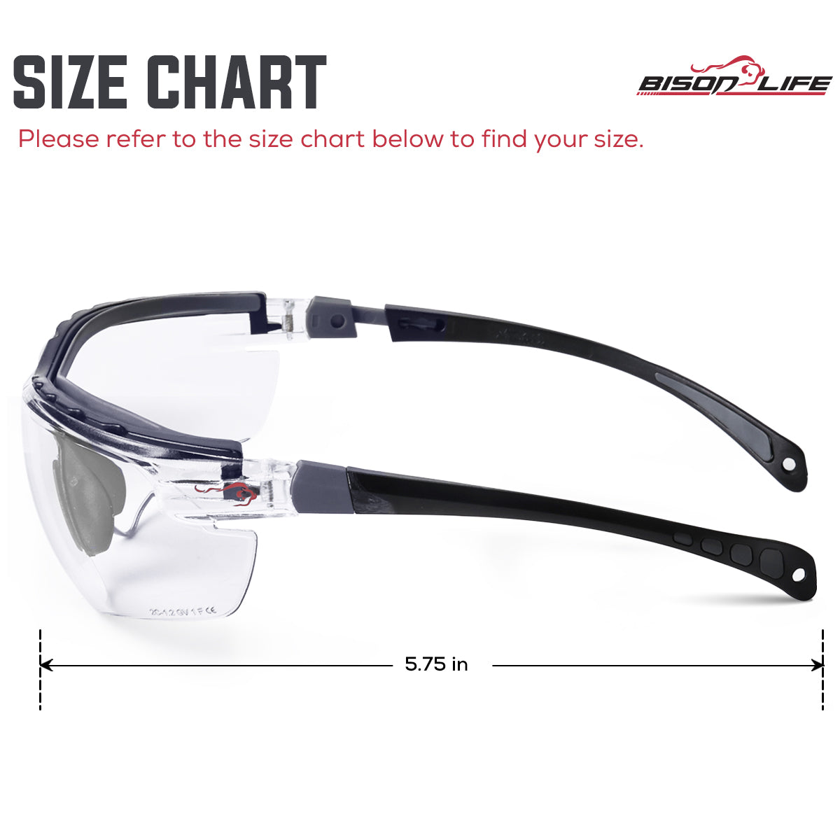 Bison Life Higuard Clear Lens Black Temple Anti-Fog Wraparound Safety Glasses, ANSI Z87.1 — size guide 2