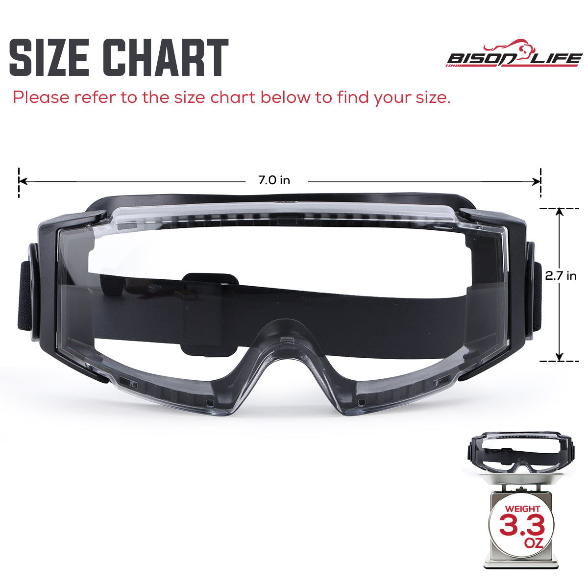 Bison Life SplashPro Anti-Fog Over The Glasses Safety Goggles, ANSI Z87.1 — size guide 1