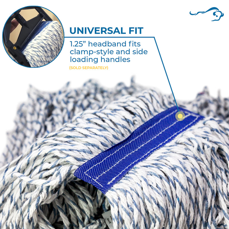 Bison Life Nano Microbial Cut End Finish Mop, 1.25" Universal Headband, Blue