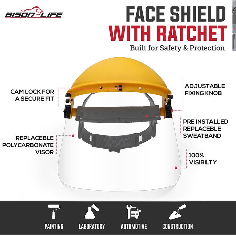 Bison Life Reusable Face Shield Headgear with Ratchet Suspension, ANSI Z87.1, Yellow/Black