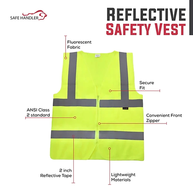 Bison Life Class 2 Reflective Safety Vest, Fluorescent Yellow, Zipper Closure, Large
