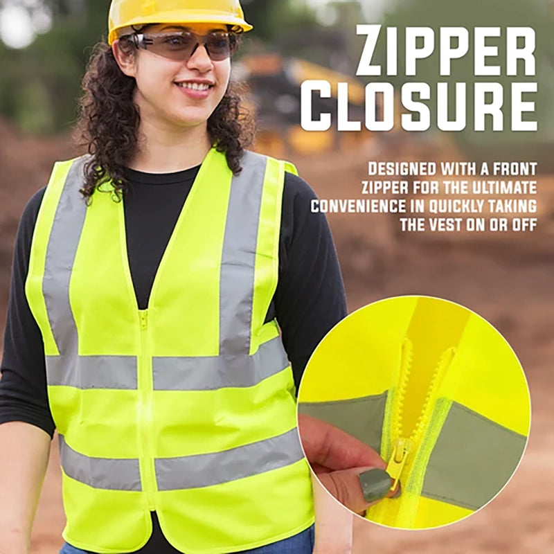 Bison Life Class 2 Reflective Safety Vest, Fluorescent Yellow, Zipper Closure, Large