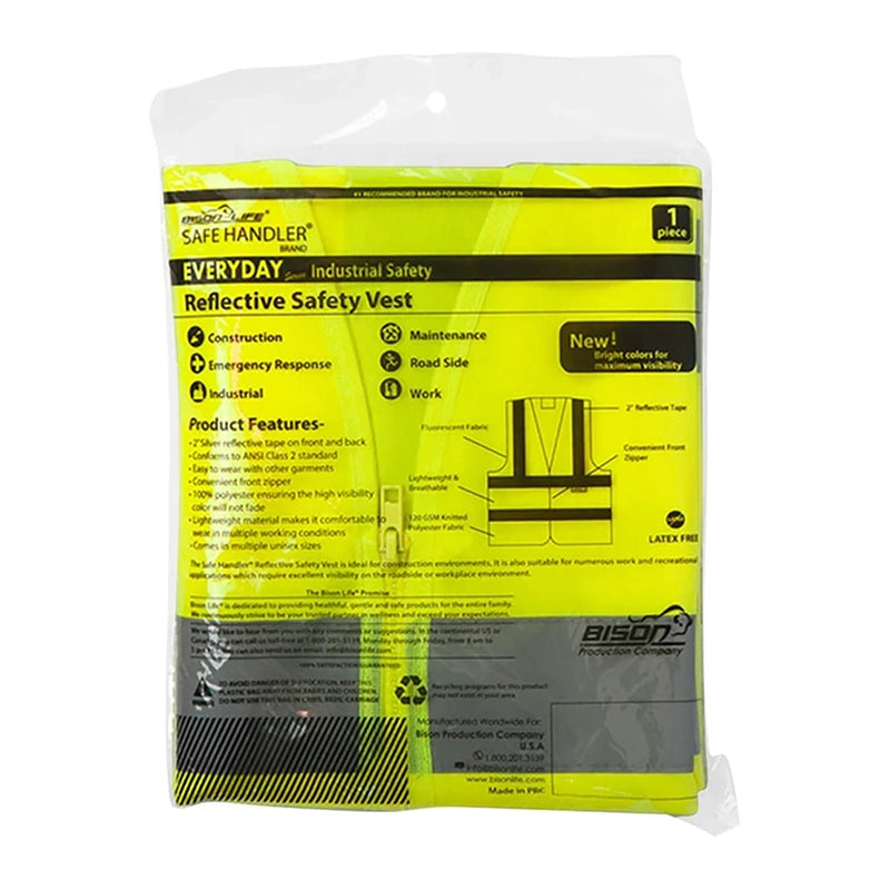 Bison Life Class 2 Reflective Safety Vest, Fluorescent Yellow, Zipper Closure, Large