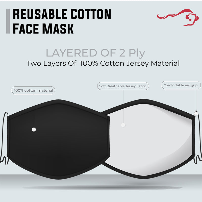Bison Life 2 Ply Reusable Soft Cotton Face Mask, Breathable & Washable, Black - Kids