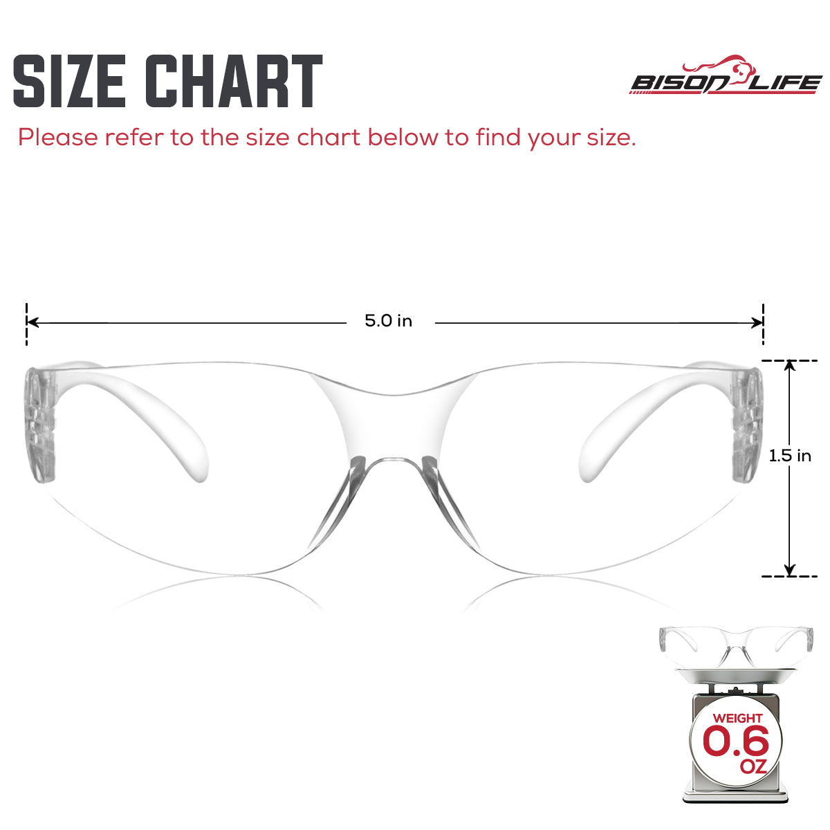 Bison Life Hyline Anti Fog Wraparound Safety Glasses, ANSI Z87.1 — size guide 1