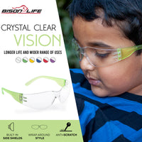 Bison Life Kristal Clear Lens Assorted Color Temple Wraparound Kids Safety Glasses, ANSI Z87.1