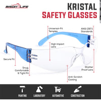 Bison Life Kristal Clear Lens with Colored Temple Wraparound Safety Glasses, ANSI Z87.1