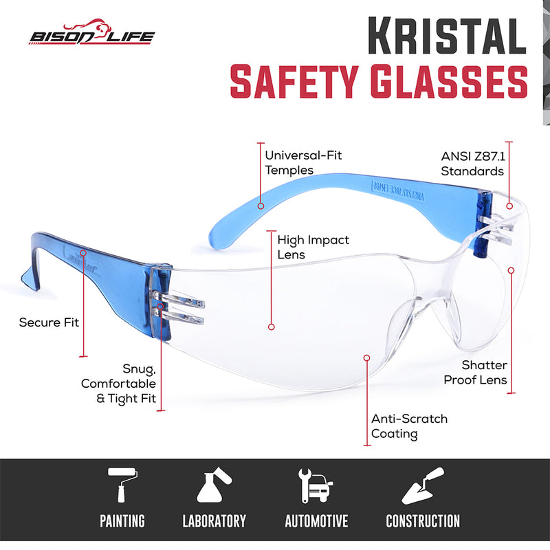 Bison Life Kristal Clear Lens with Colored Temple Wraparound Safety Glasses, ANSI Z87.1
