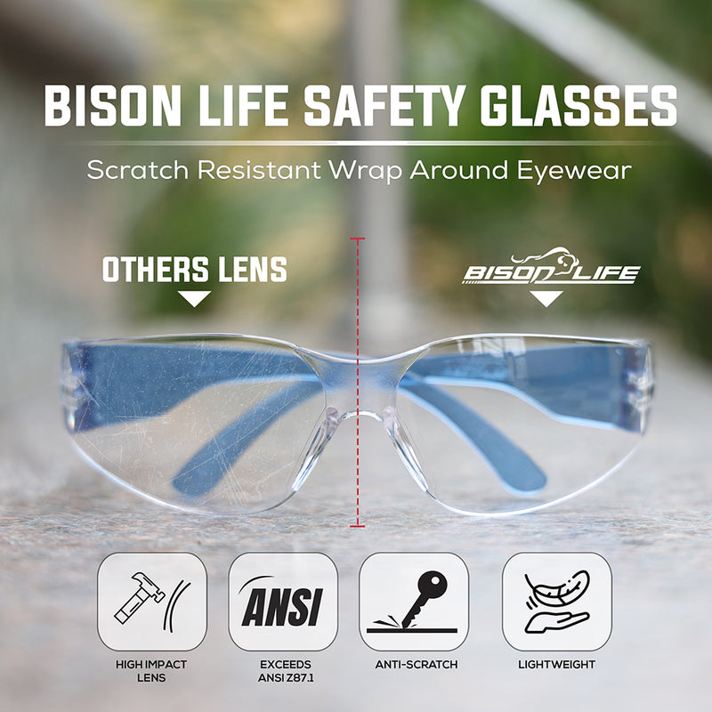 Bison Life Kristal Clear Lens with Colored Temple Wraparound Safety Glasses, ANSI Z87.1