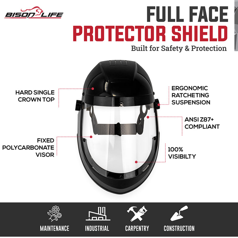 Bison Life Full Face Protective Shield with Polycarbonate Visor, ANSI Z87.1