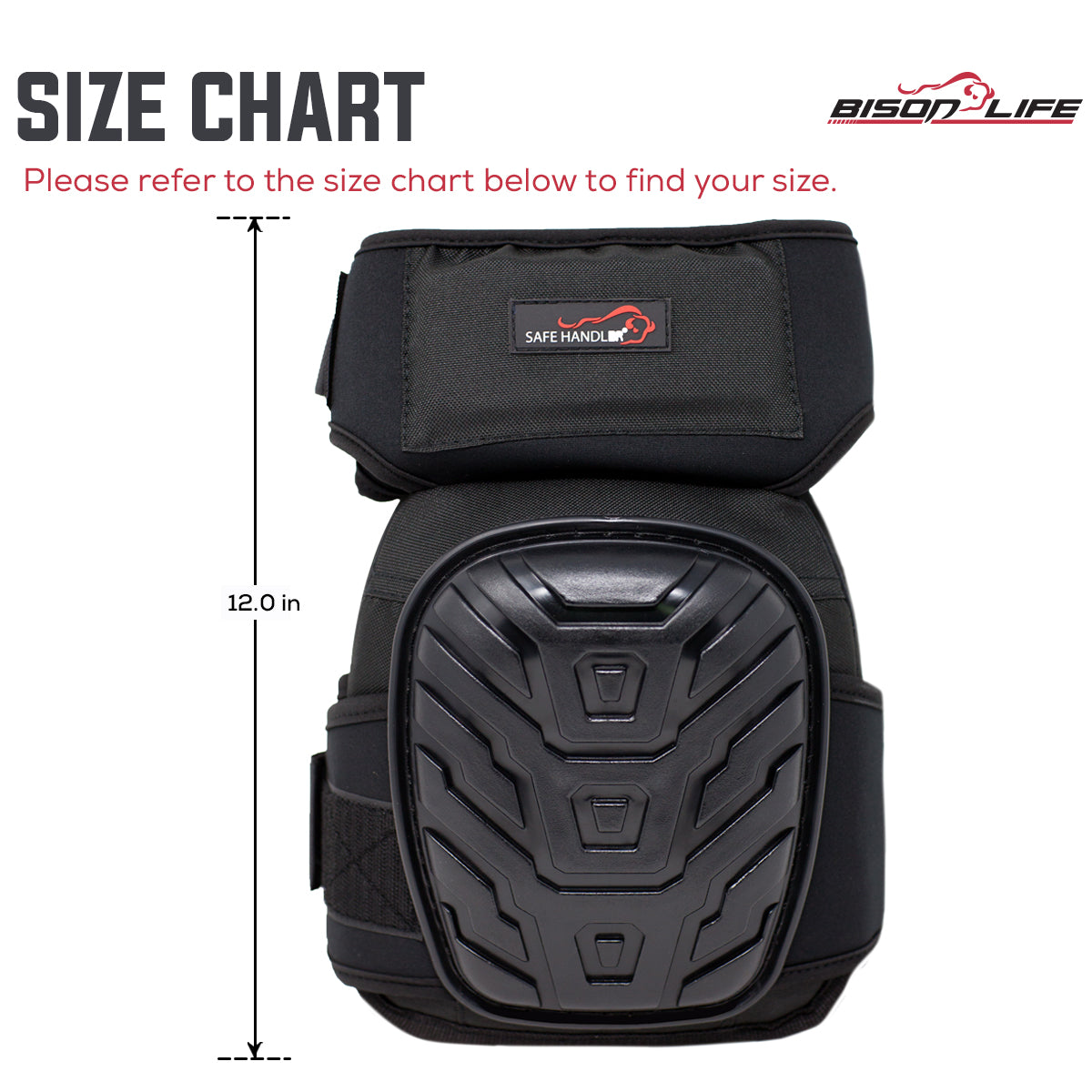 Bison Life Extra Long Knee Pads with Gel & Foam Padding, Dual Adjustable Velcro Straps — size guide 1