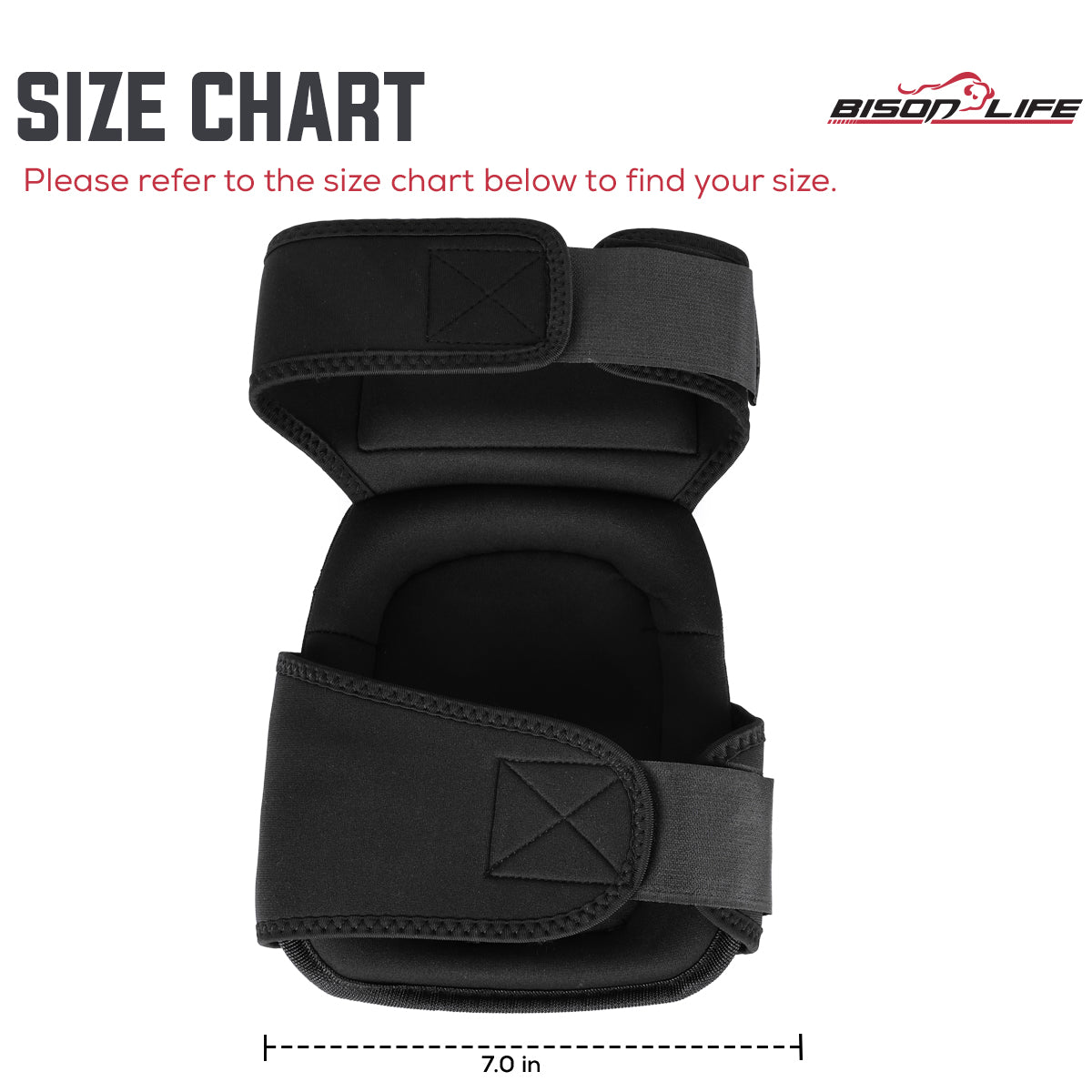 Bison Life Extra Long Knee Pads with Gel & Foam Padding, Dual Adjustable Velcro Straps — size guide 2
