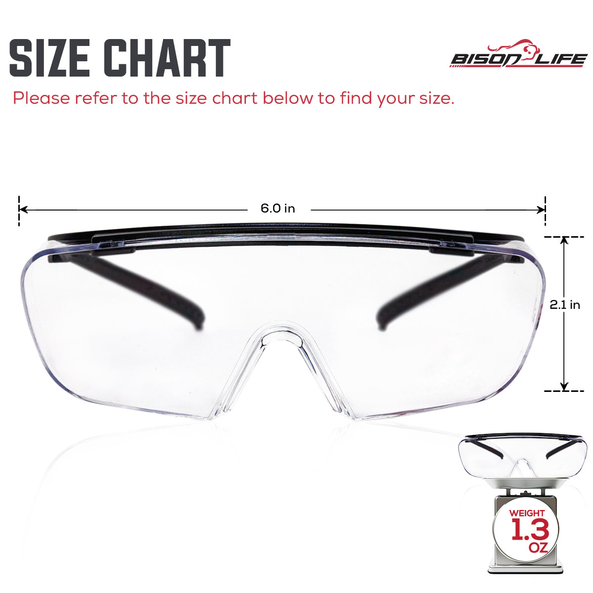 Bison Life Duarte Anti-Fog Safety Glasses Over Eyeglasses, Adjustable Temple, ANSI Z87.1 — size guide 1