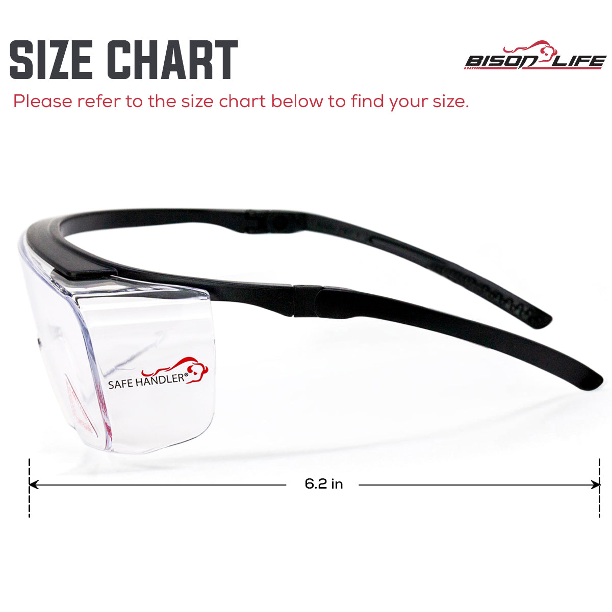 Bison Life Duarte Anti-Fog Safety Glasses Over Eyeglasses, Adjustable Temple, ANSI Z87.1 — size guide 2